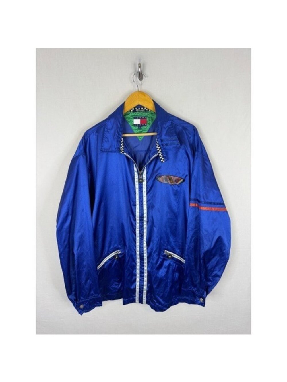 Vintage Tommy Jeans Racing Gear Jacket Blue Satin Windbreaker XL 90s Streetwear
